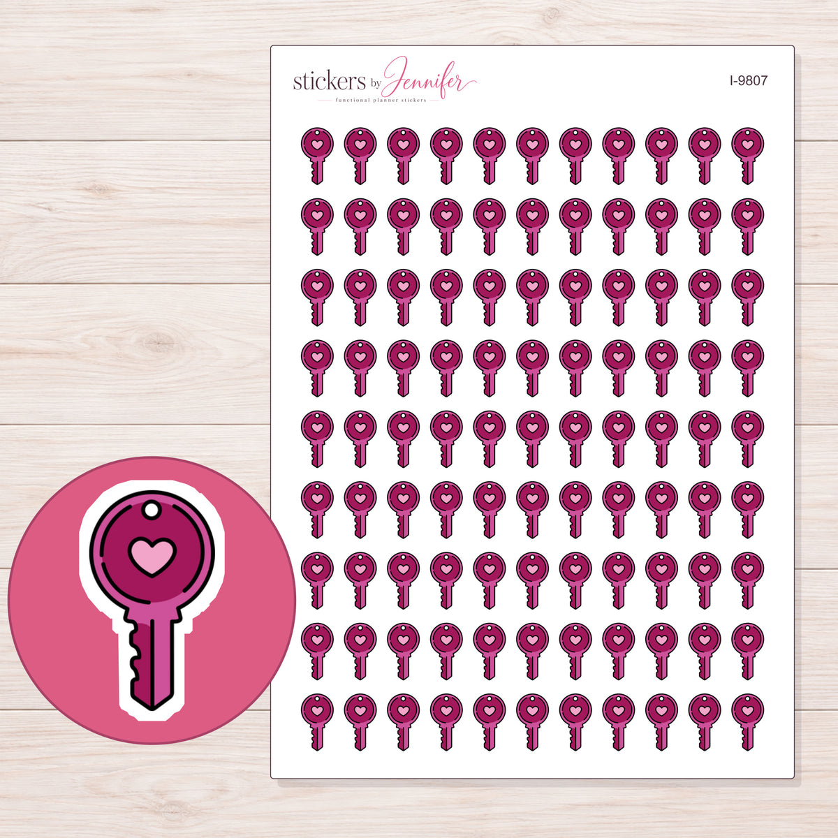 Magenta Heart Key Planner Stickers | I-9807 — 5 × 7 inch sheet and enlarged sticker detail
