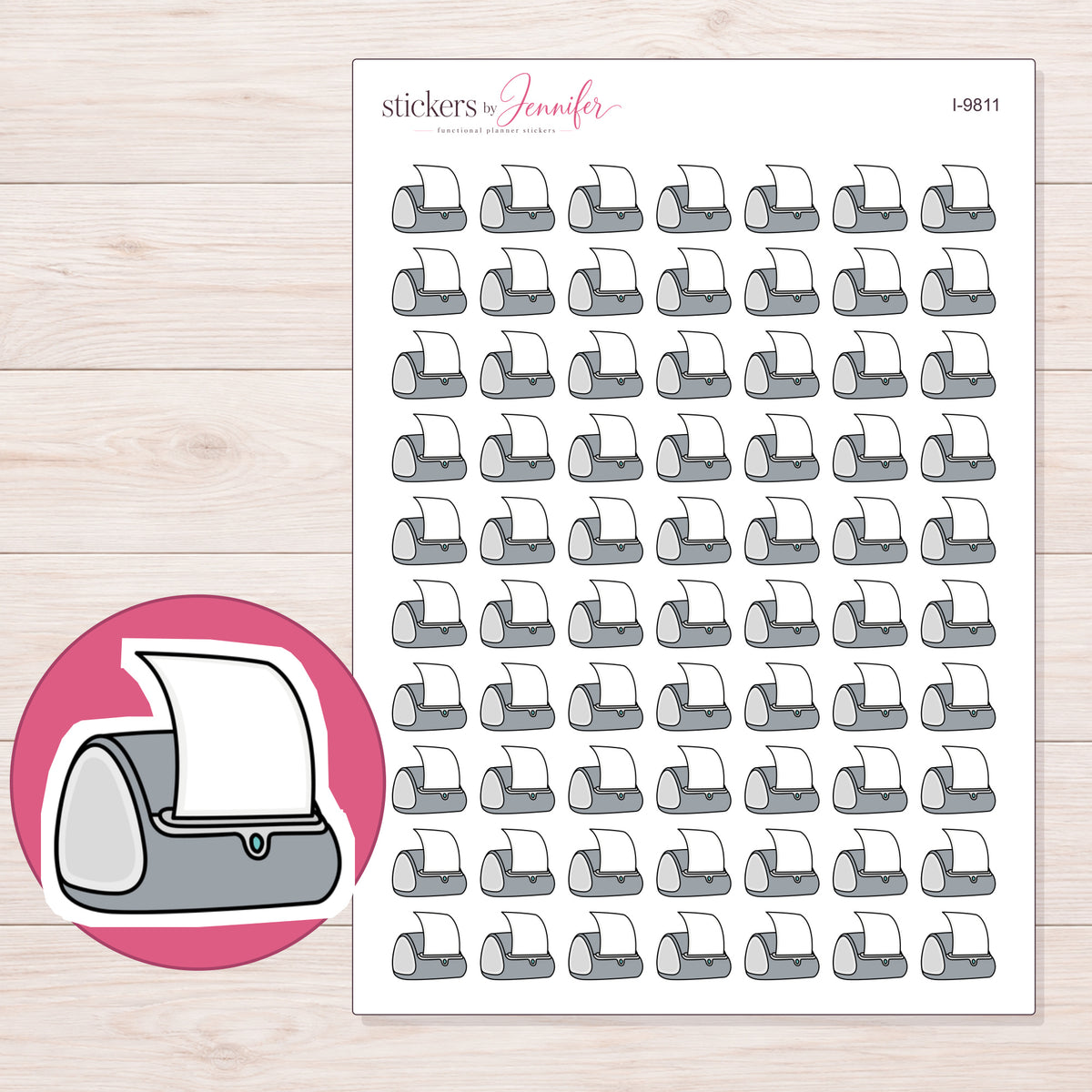 Gray Label Printer Planner Stickers | I-9811 — 5 × 7 inch sheet and enlarged sticker detail