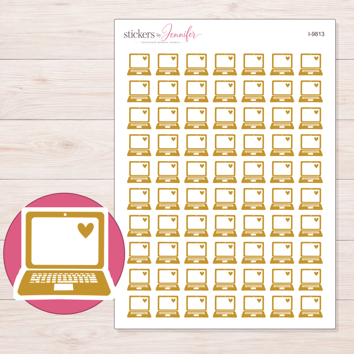 Gold Heart Laptop Planner Stickers | I-9813 — 5 × 7 inch sheet and enlarged sticker detail
