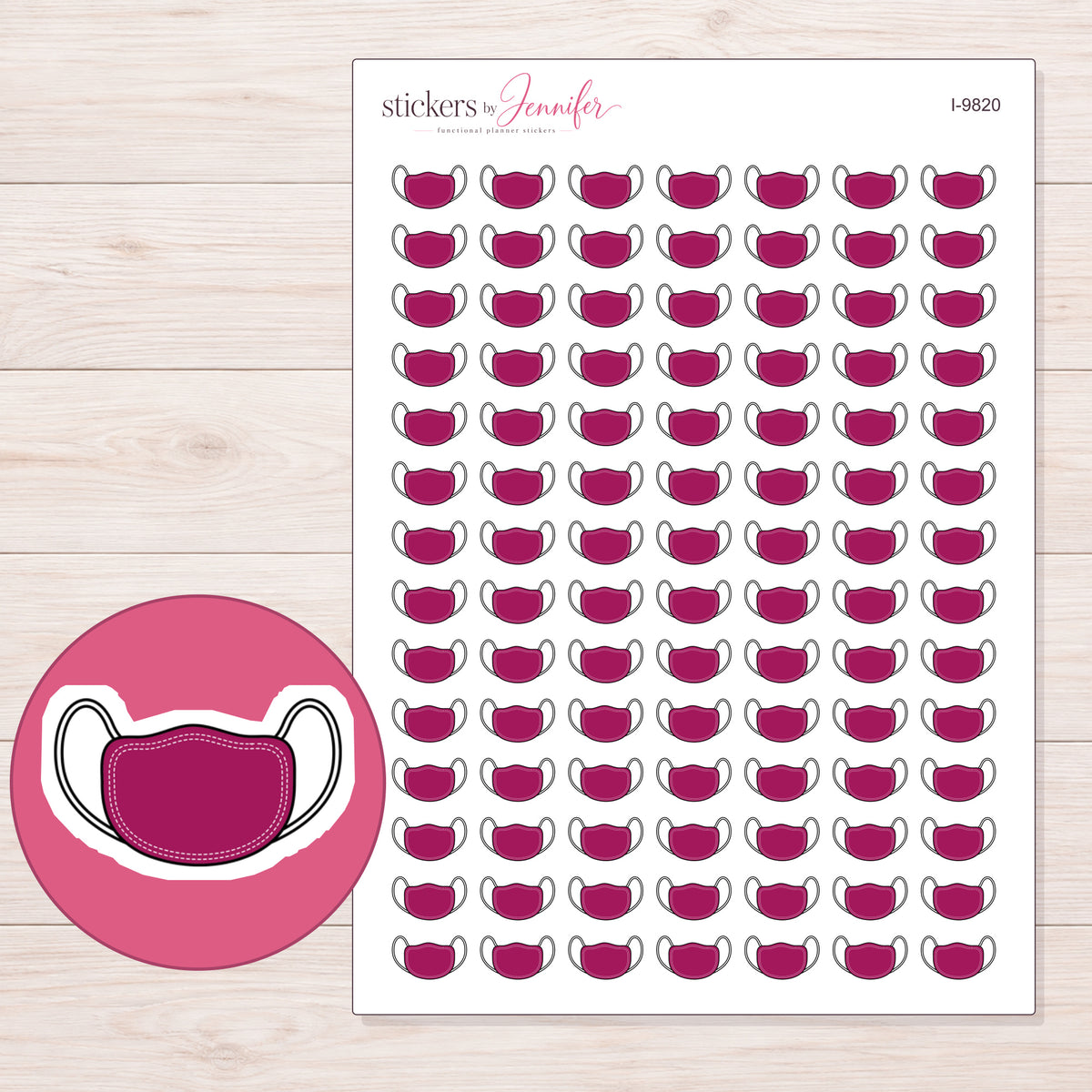 Magenta Face Mask Planner Stickers | I-9820 — 5 × 7 inch sheet and enlarged sticker detail