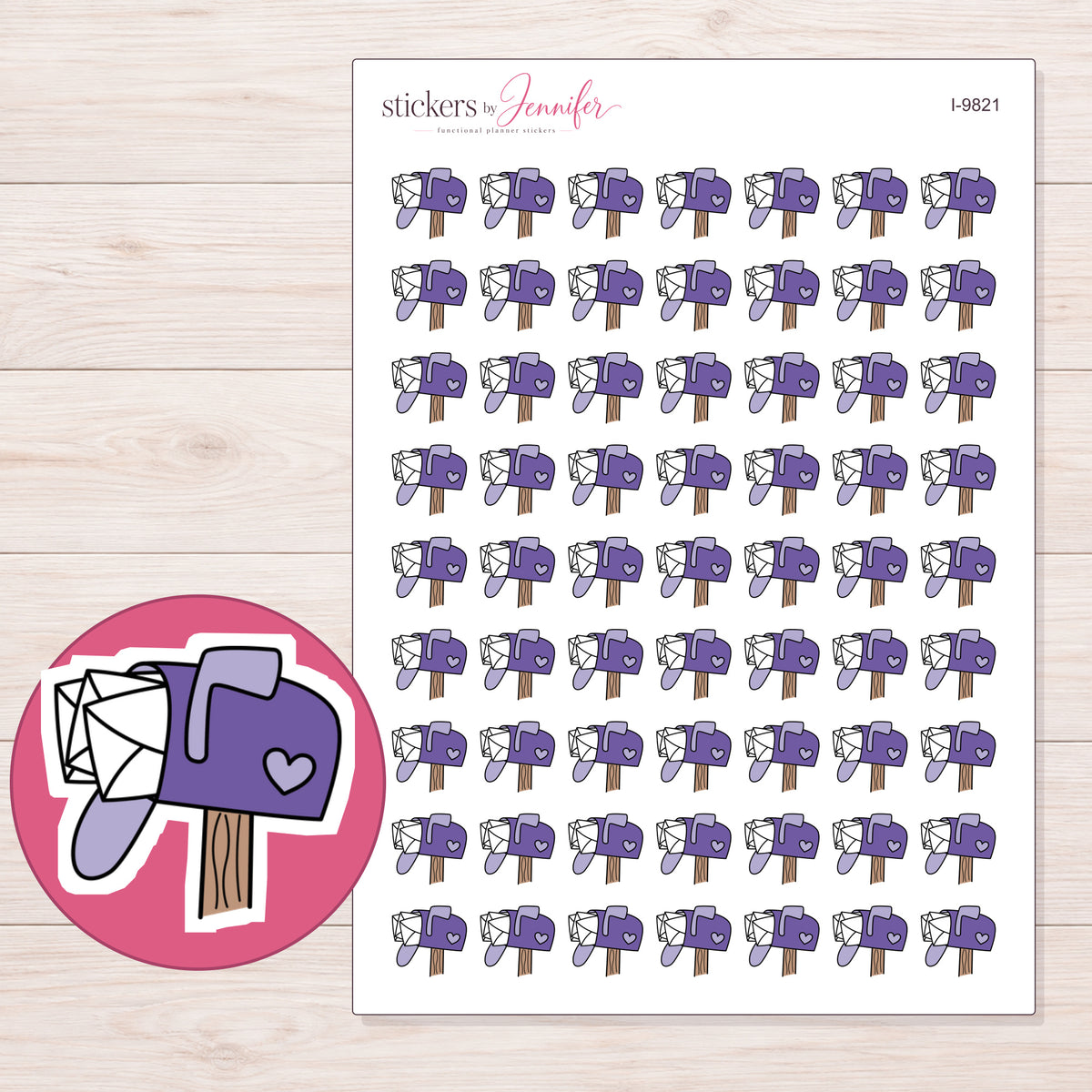 Purple Mailbox Planner Stickers | I-9821 — 5 × 7 inch sheet and enlarged sticker detail