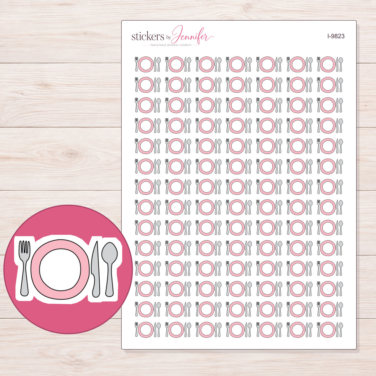 Pink Plate and Cutlery Planner Stickers | I-9823 — 5 × 7 inch sheet and enlarged sticker detail
