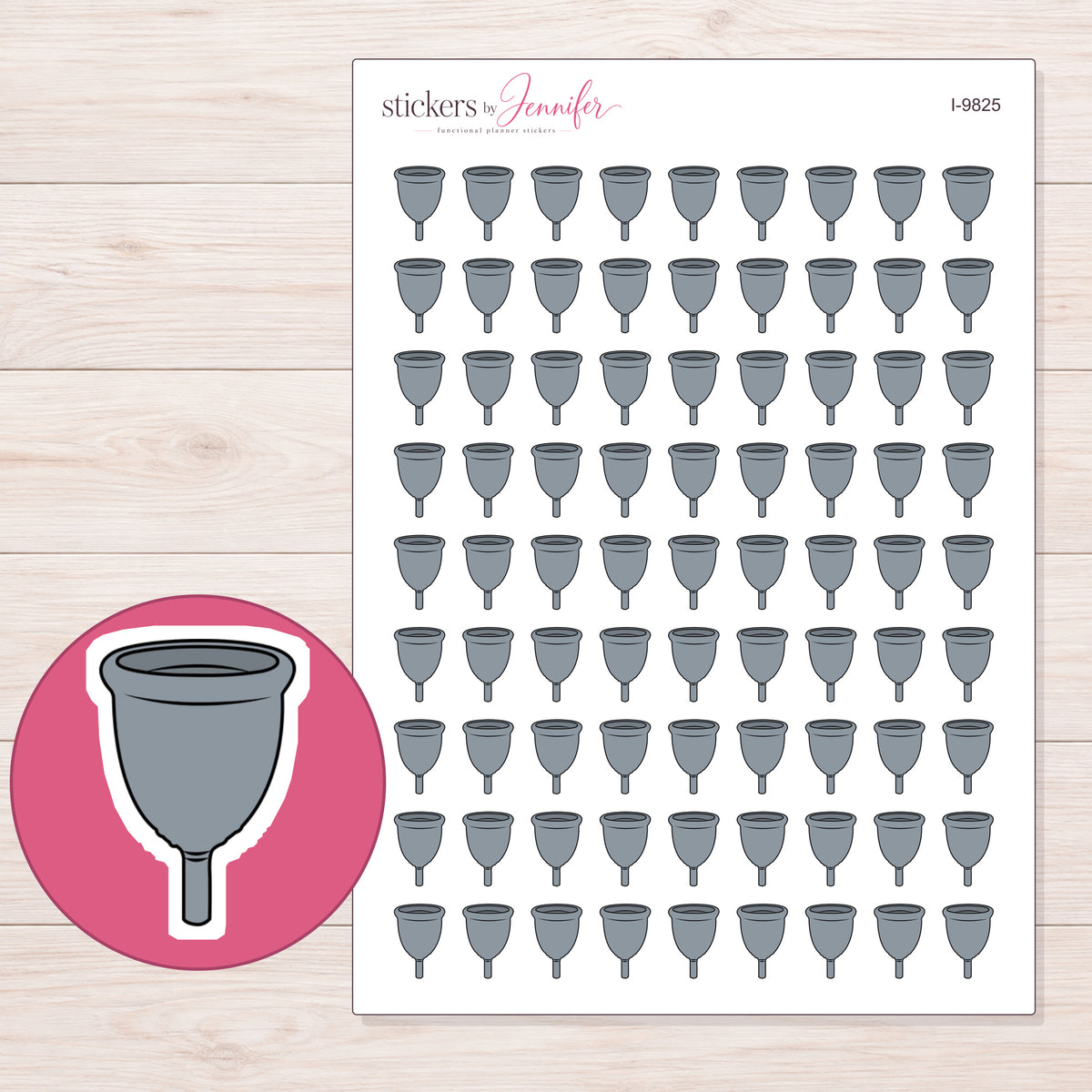 Gray Menstrual Cup Planner Stickers | I-9825 — 5 × 7 inch sheet and enlarged sticker detail