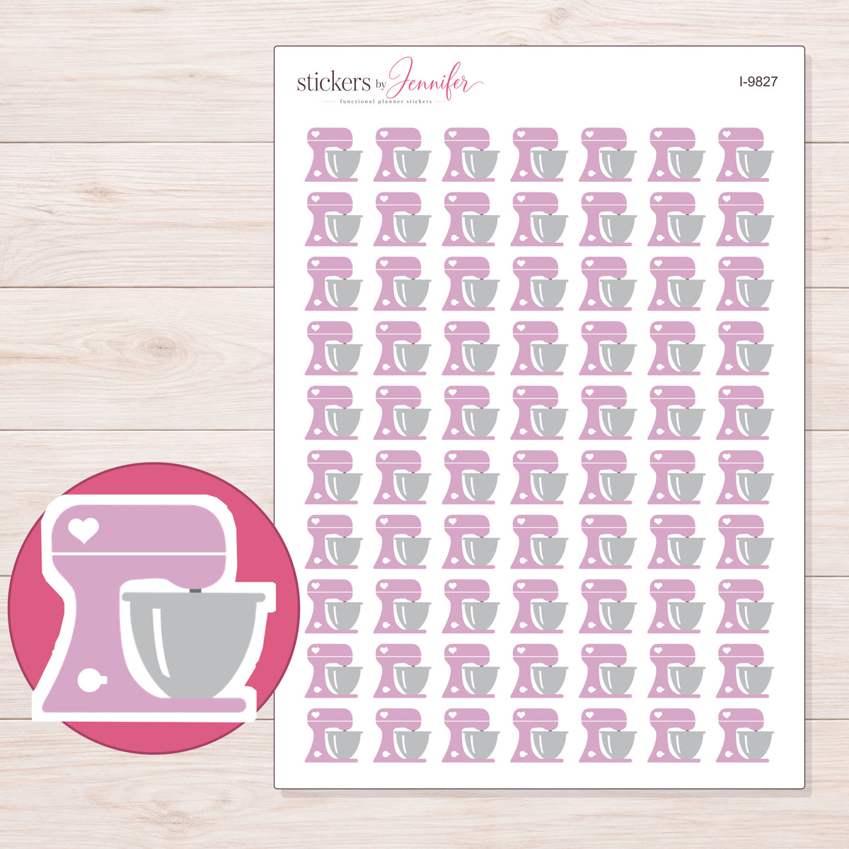 Pink Heart Stand Mixer Planner Stickers | I-9827 — 5 × 7 inch sheet and enlarged sticker detail