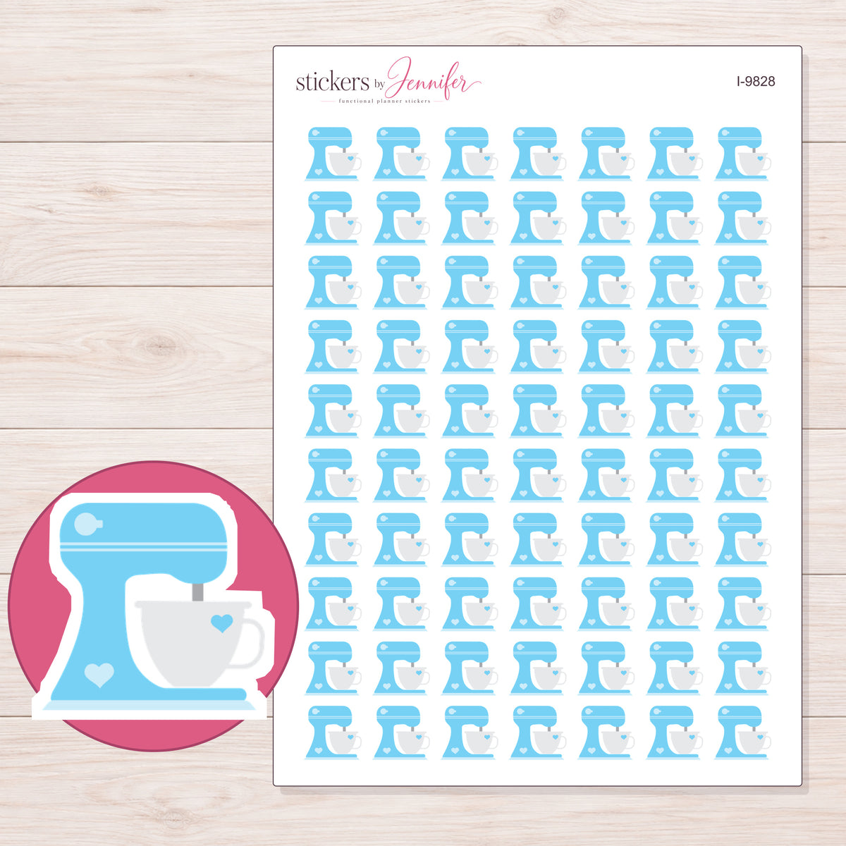 Blue Heart Stand Mixer Planner Stickers | I-9828 — 5 × 7 inch sheet and enlarged sticker detail