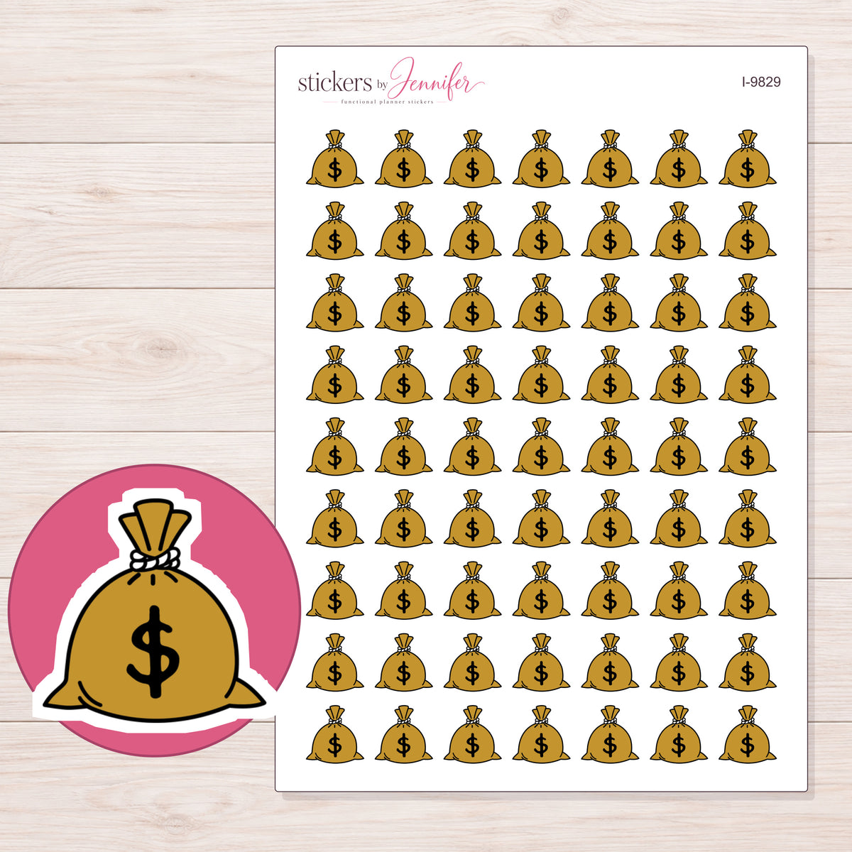 Gold Money Bag Planner Stickers | I-9829 — 5 × 7 inch sheet and enlarged sticker detail