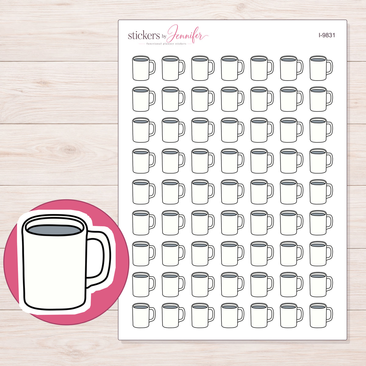 White Mug Planner Stickers | I-9831 — 5 × 7 inch sheet and enlarged sticker detail