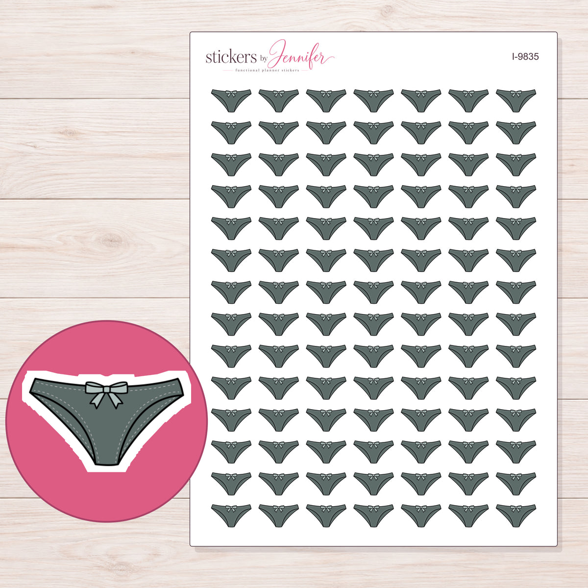 Charcoal Bow Underwear Planner Stickers | I-9835 — 5 × 7 inch sheet and enlarged sticker detail