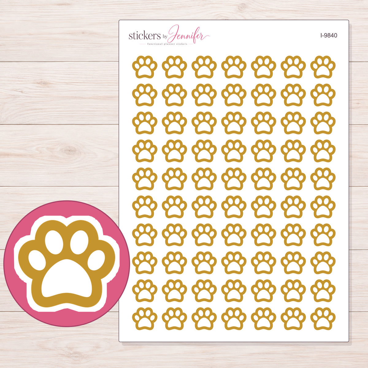 Gold Outline Paw Print Planner Stickers | I-9840 — 5 × 7 inch sheet and enlarged sticker detail
