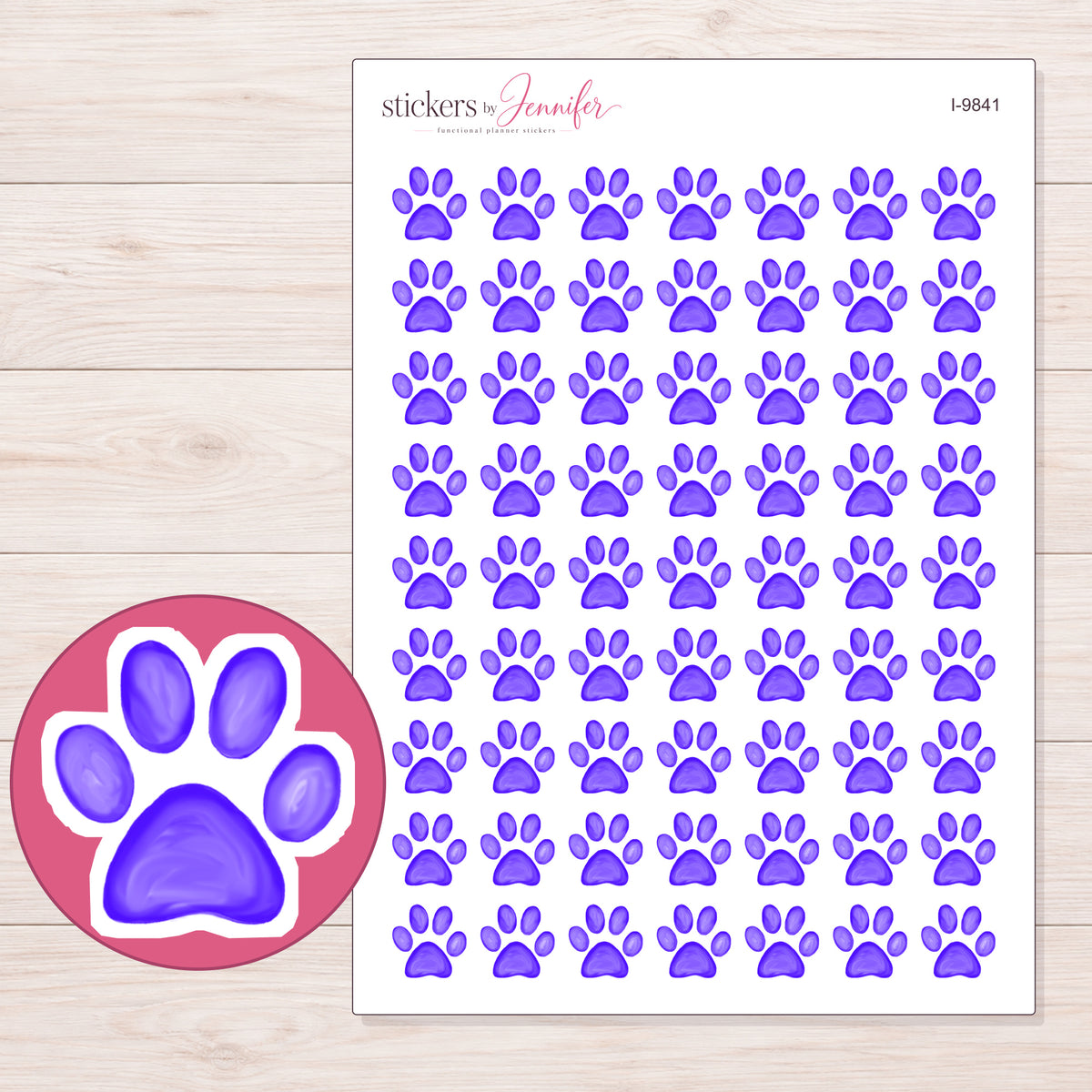 Purple Watercolor Paw Print Planner Stickers | I-9841 — 5 × 7 inch sheet and enlarged sticker detail