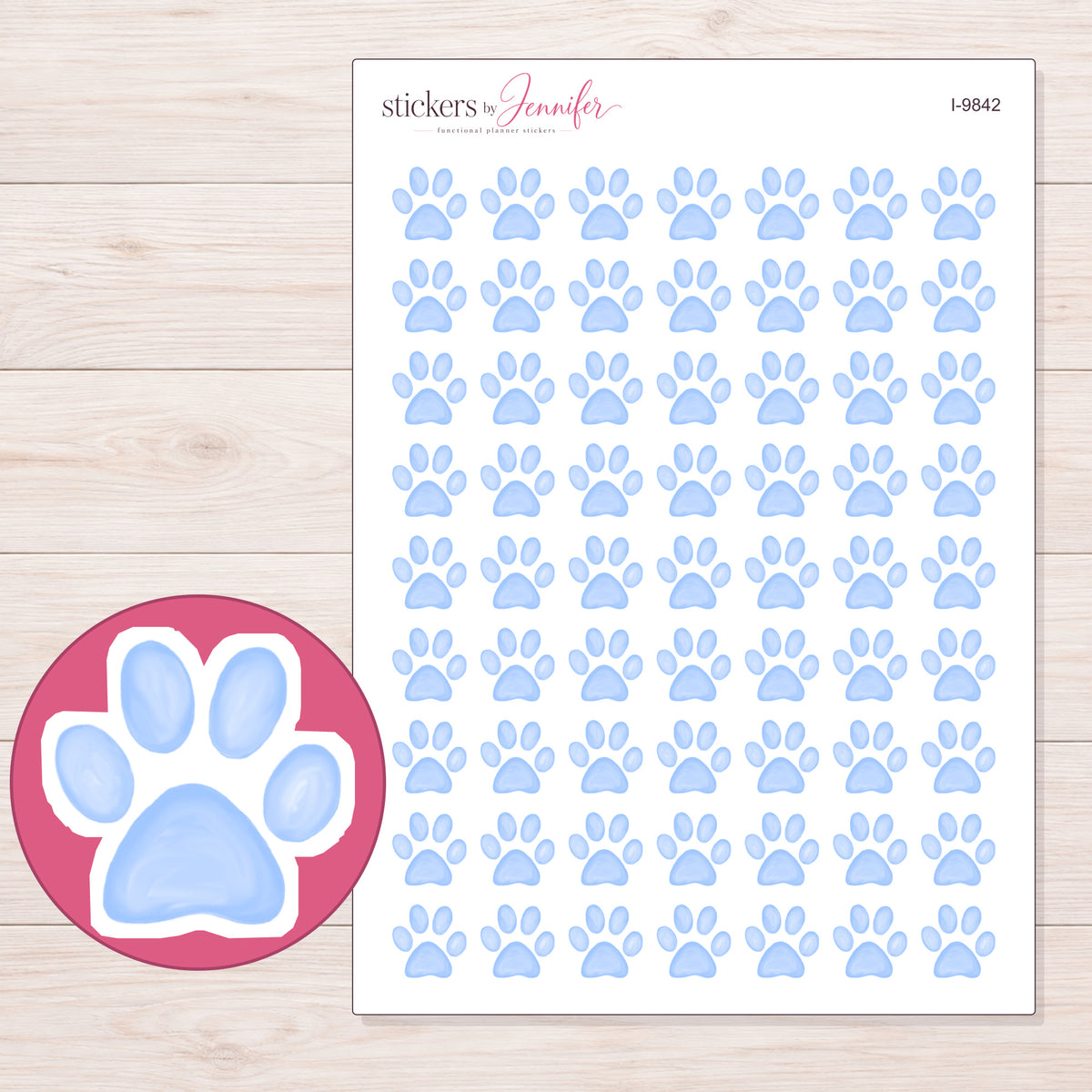 Pale Blue Watercolor Paw Print Planner Stickers | I-9842 — 5 × 7 inch sheet and enlarged sticker detail