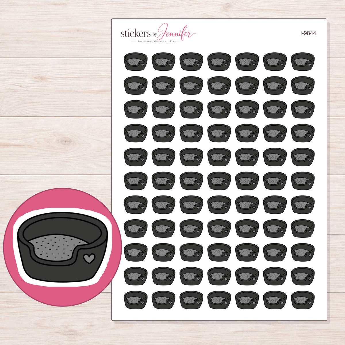 Black Heart Pet Bed Planner Stickers | I-9844 — 5 × 7 inch sheet and enlarged sticker detail