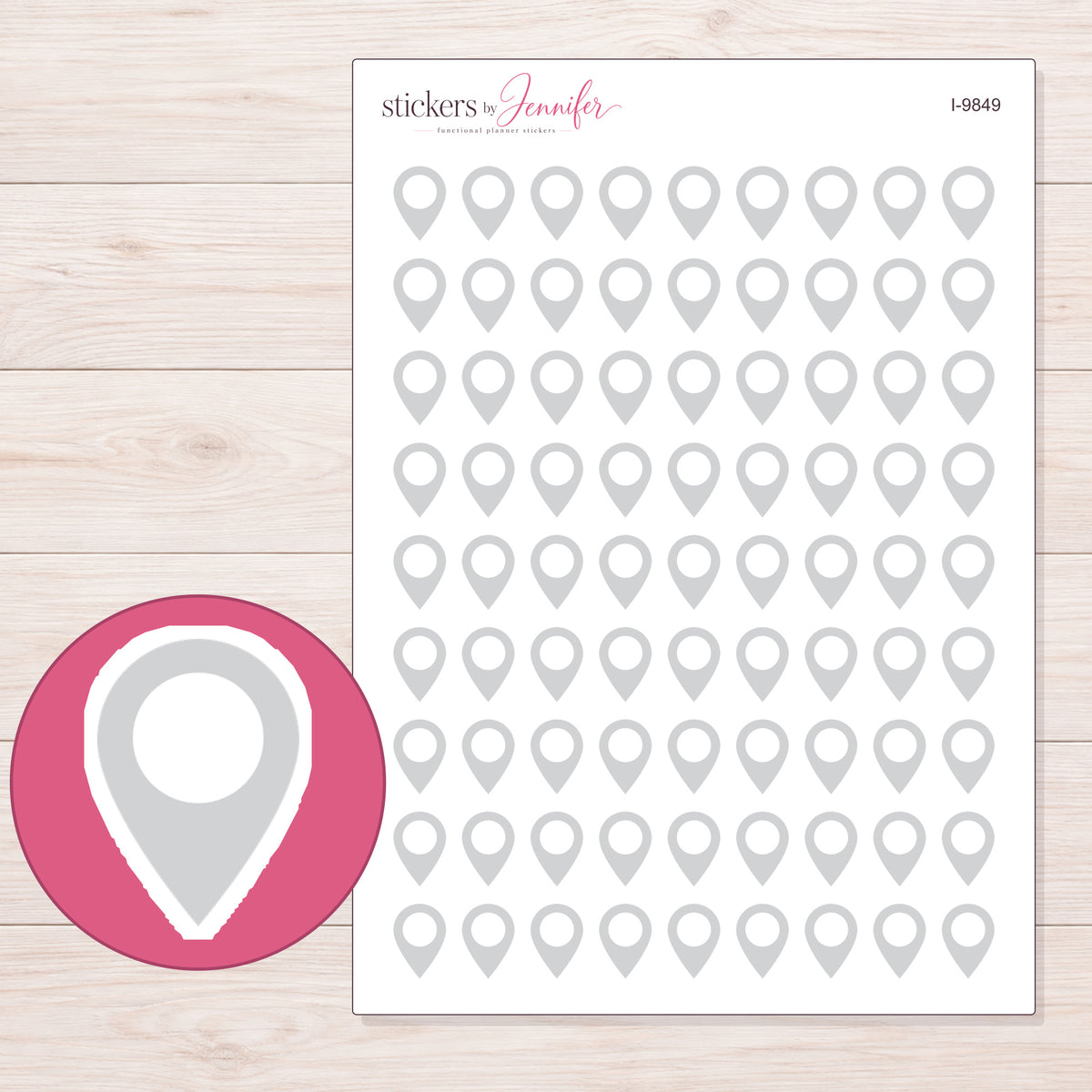 Light Gray Location Pin Planner Stickers | I-9849 — 5 × 7 inch sheet and enlarged sticker detail