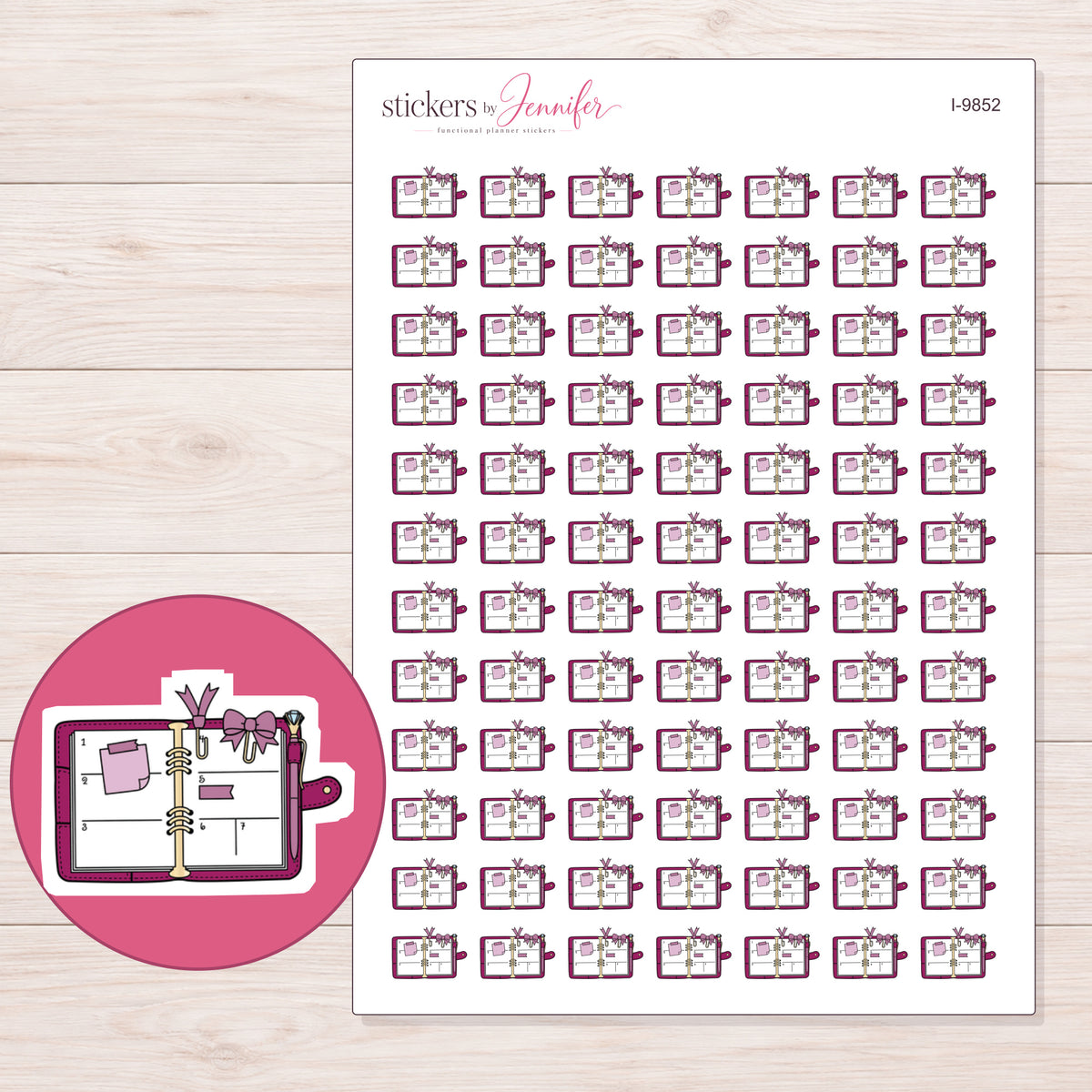 Open Decorated Magenta Planner Stickers | I-9852 — 5 × 7 inch sheet and enlarged sticker detail