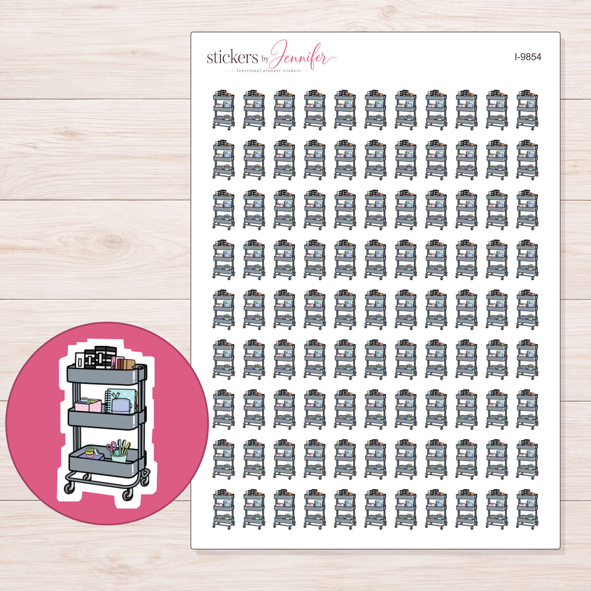 Gray Planner Supply Cart Planner Stickers | I-9854 — 5 × 7 inch sheet and enlarged sticker detail