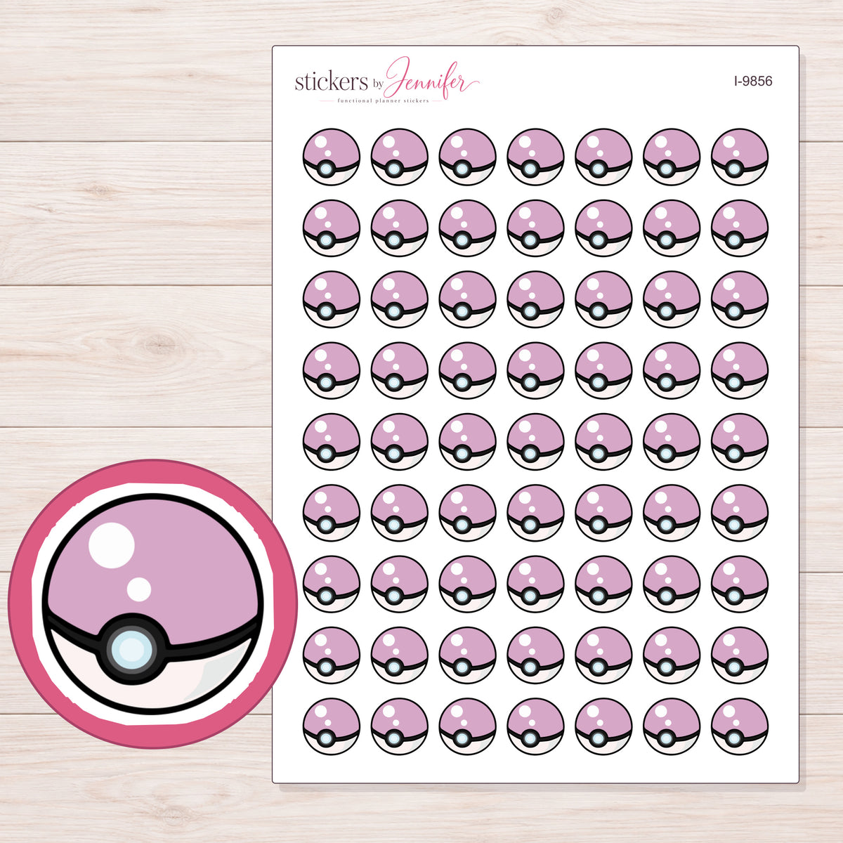 Pink Poke Ball Planner Stickers | I-9856 — 5 × 7 inch sheet and enlarged sticker detail