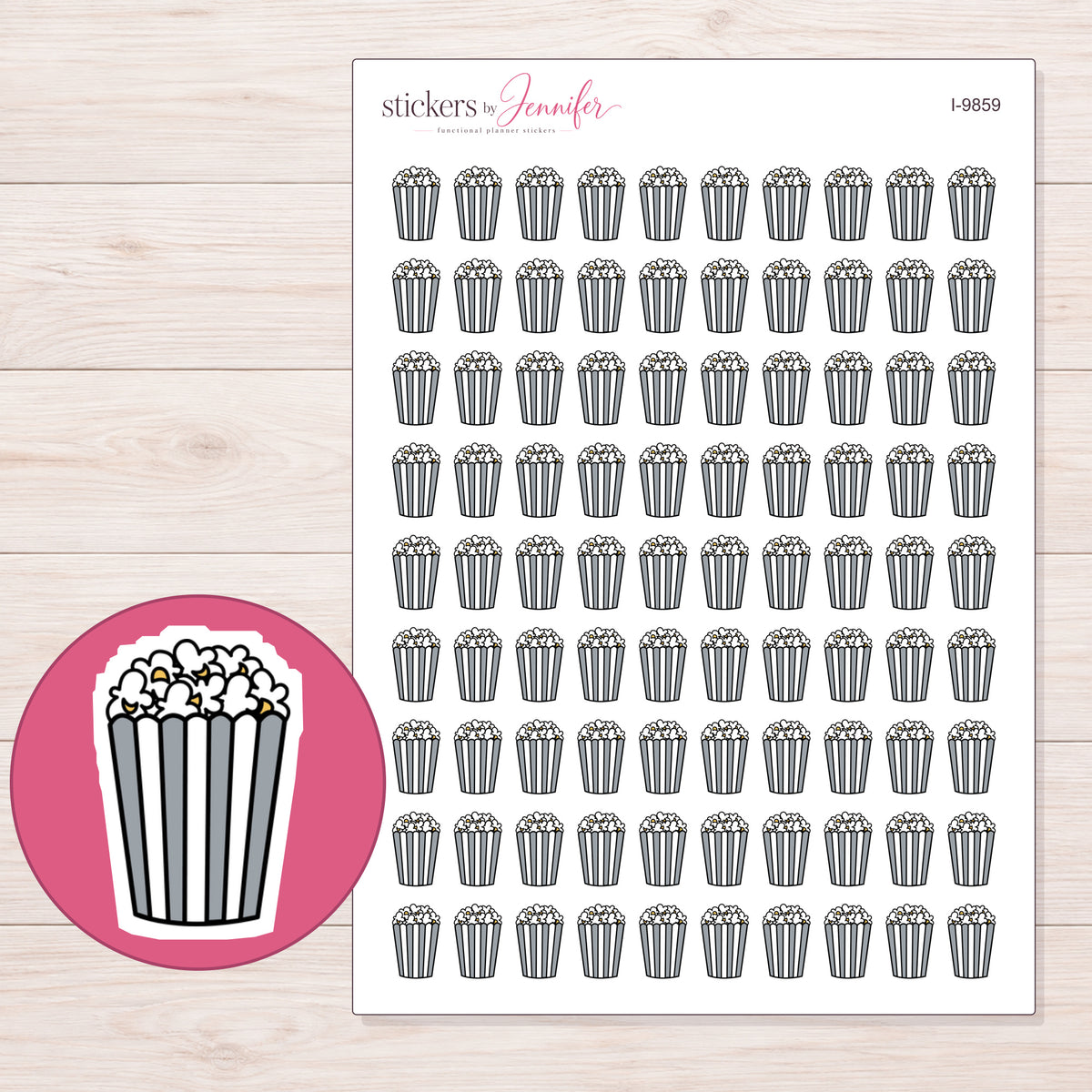 Gray Striped Popcorn Tub Planner Stickers | I-9859 — 5 × 7 inch sheet and enlarged sticker detail