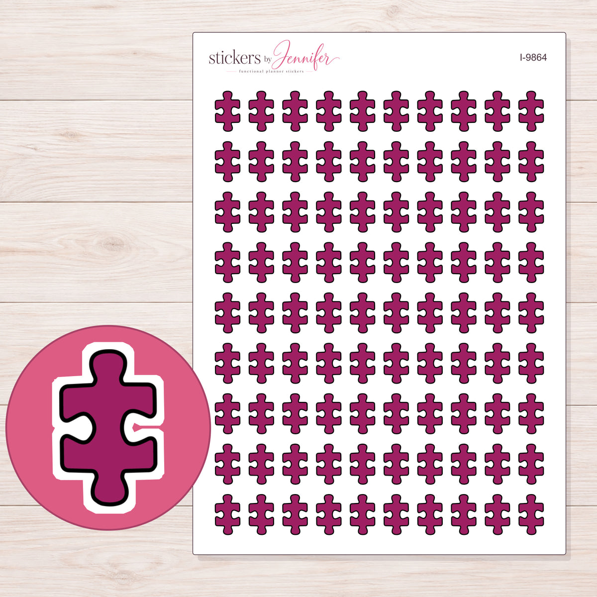 Magenta Puzzle Piece Planner Stickers | I-9864 — 5 × 7 inch sheet and enlarged sticker detail
