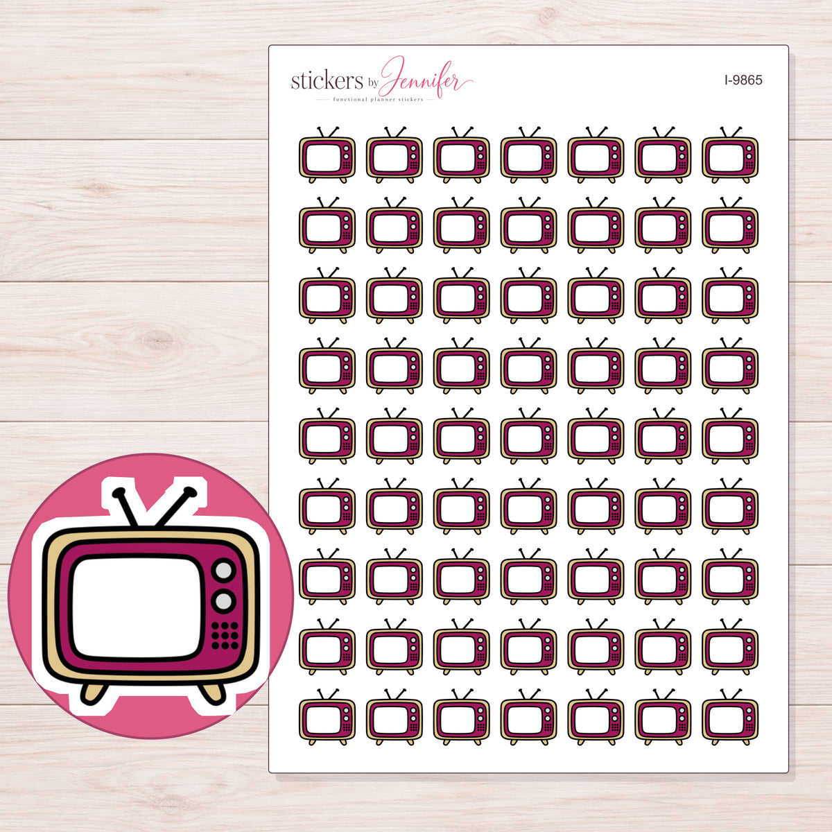Magenta Retro Television Planner Stickers | I-9865 — 5 × 7 inch sheet and enlarged sticker detail