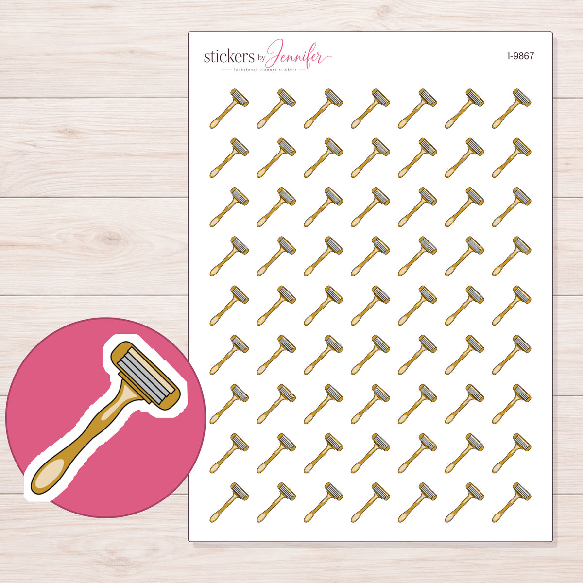 Gold Razor Planner Stickers | I-9867 — 5 × 7 inch sheet and enlarged sticker detail