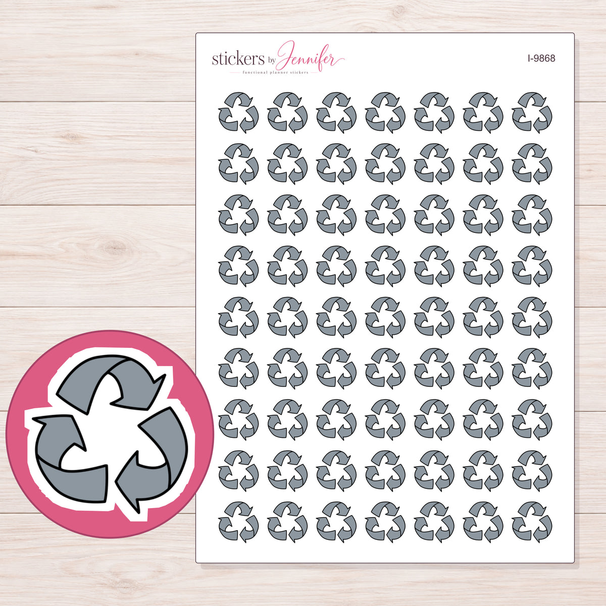Gray Recycling Symbol Planner Stickers | I-9868 — 5 × 7 inch sheet and enlarged sticker detail