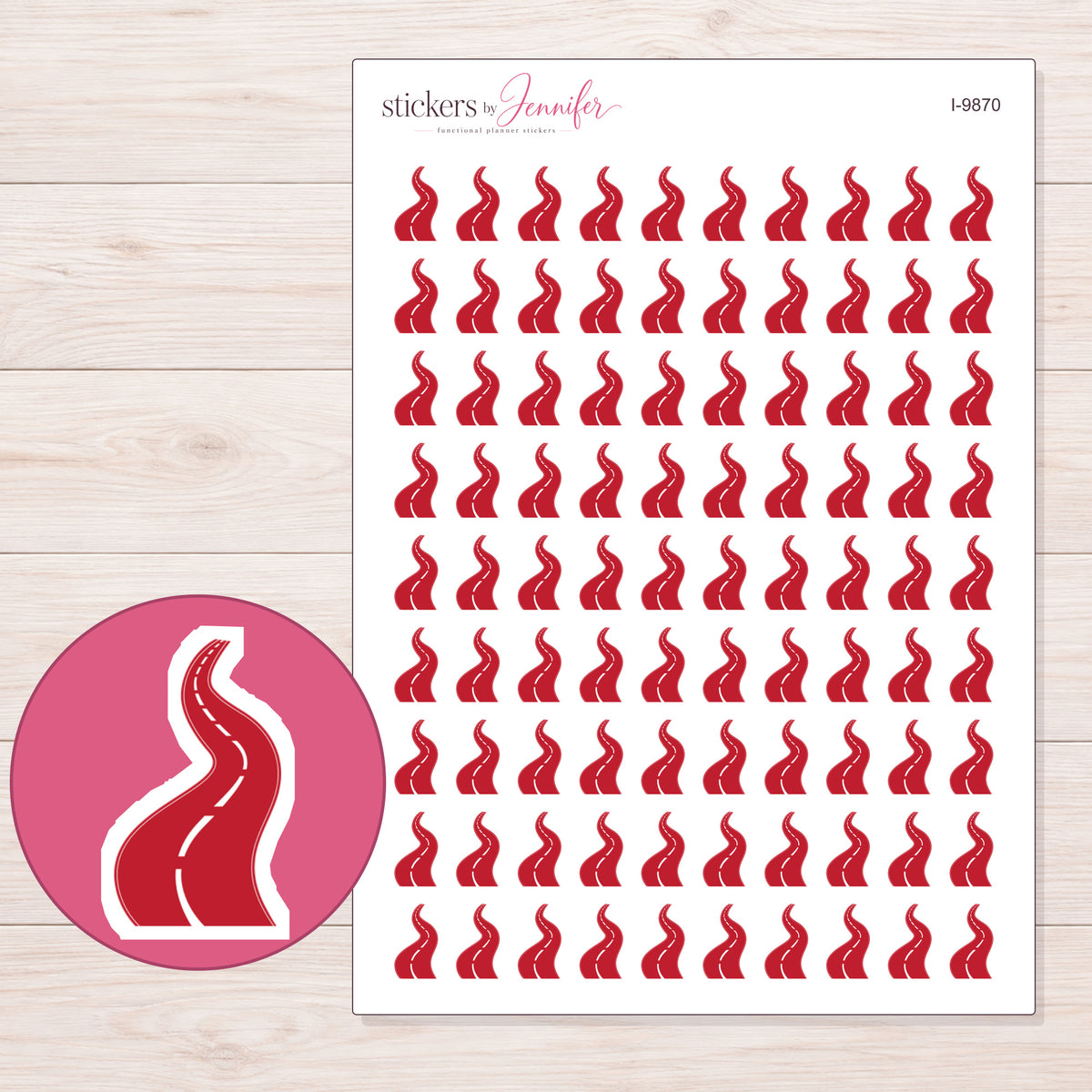 Red Winding Road Planner Stickers | I-9870 — 5 × 7 inch sheet and enlarged sticker detail