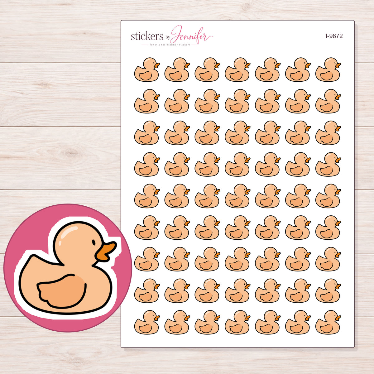 Peach Rubber Duck Planner Stickers | I-9872 — 5 × 7 inch sheet and enlarged sticker detail