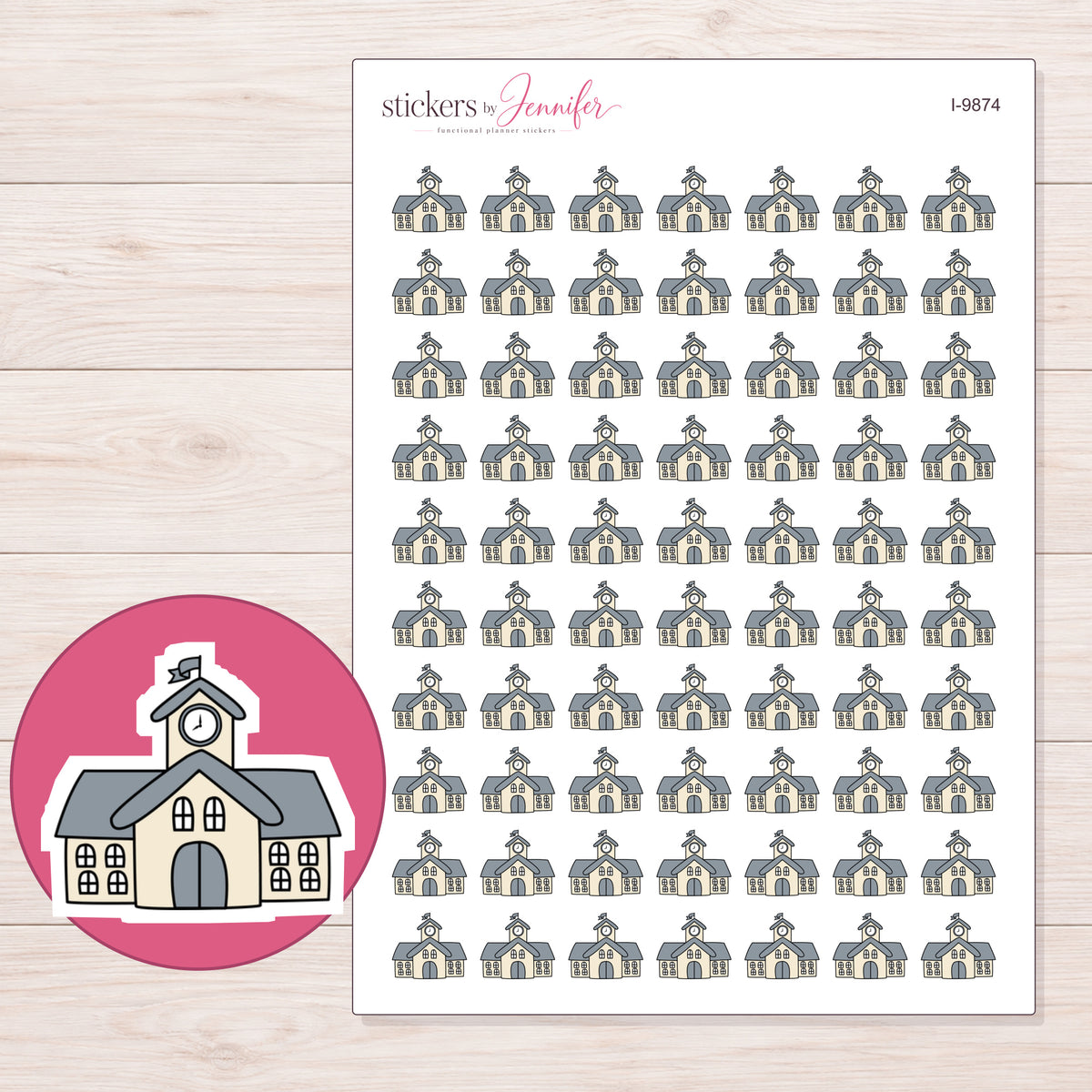 Gray School Building Planner Stickers | I-9874 — 5 × 7 inch sheet and enlarged sticker detail