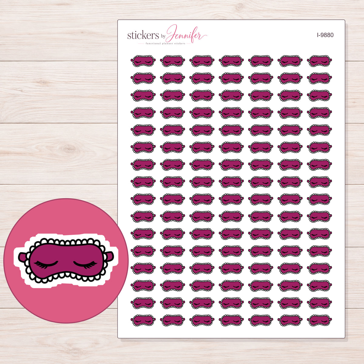 Magenta Sleep Mask Planner Stickers | I-9880 — 5 × 7 inch sheet and enlarged sticker detail