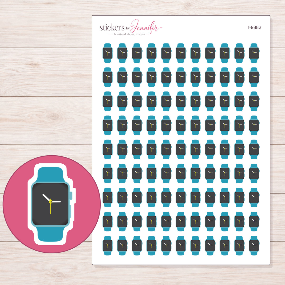 Teal Watch with Dark Face Planner Stickers | I-9882 — 5 × 7 inch sheet and enlarged sticker detail