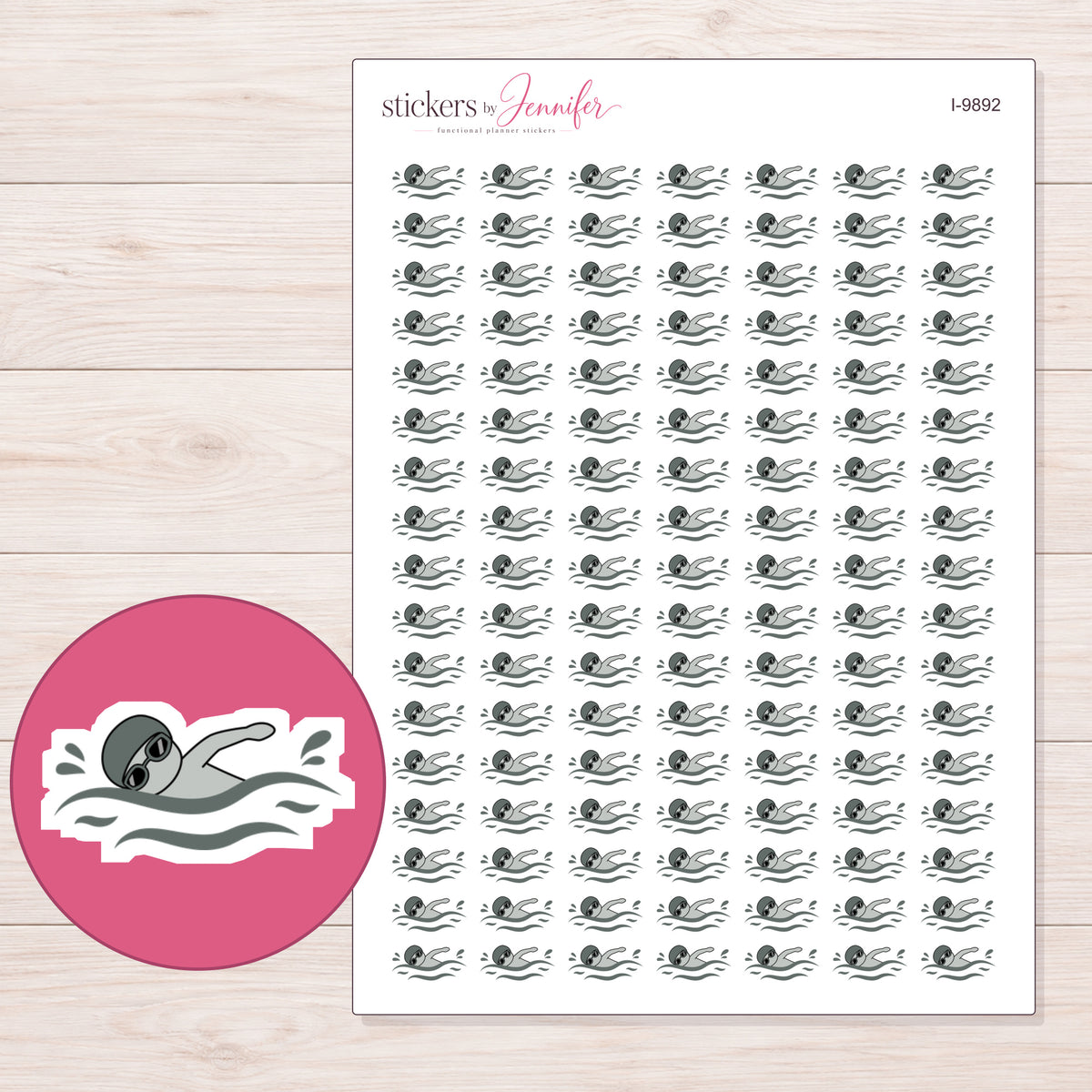 Gray Swimmer Planner Stickers | I-9892 — 5 × 7 inch sheet and enlarged sticker detail