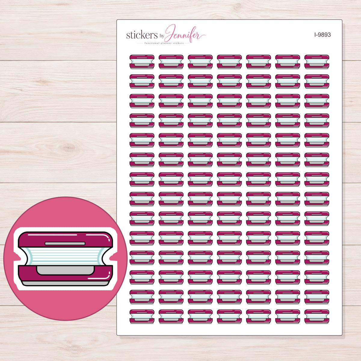 Magenta Tanning Bed Planner Stickers | I-9893 — 5 × 7 inch sheet and enlarged sticker detail