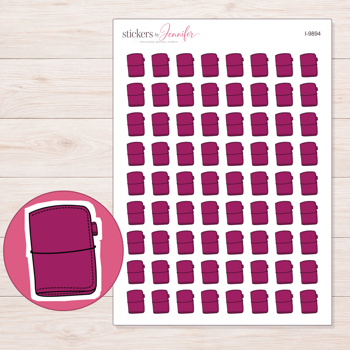 Magenta Travelers Notebook Planner Stickers | I-9894 — 5 × 7 inch sheet and enlarged sticker detail