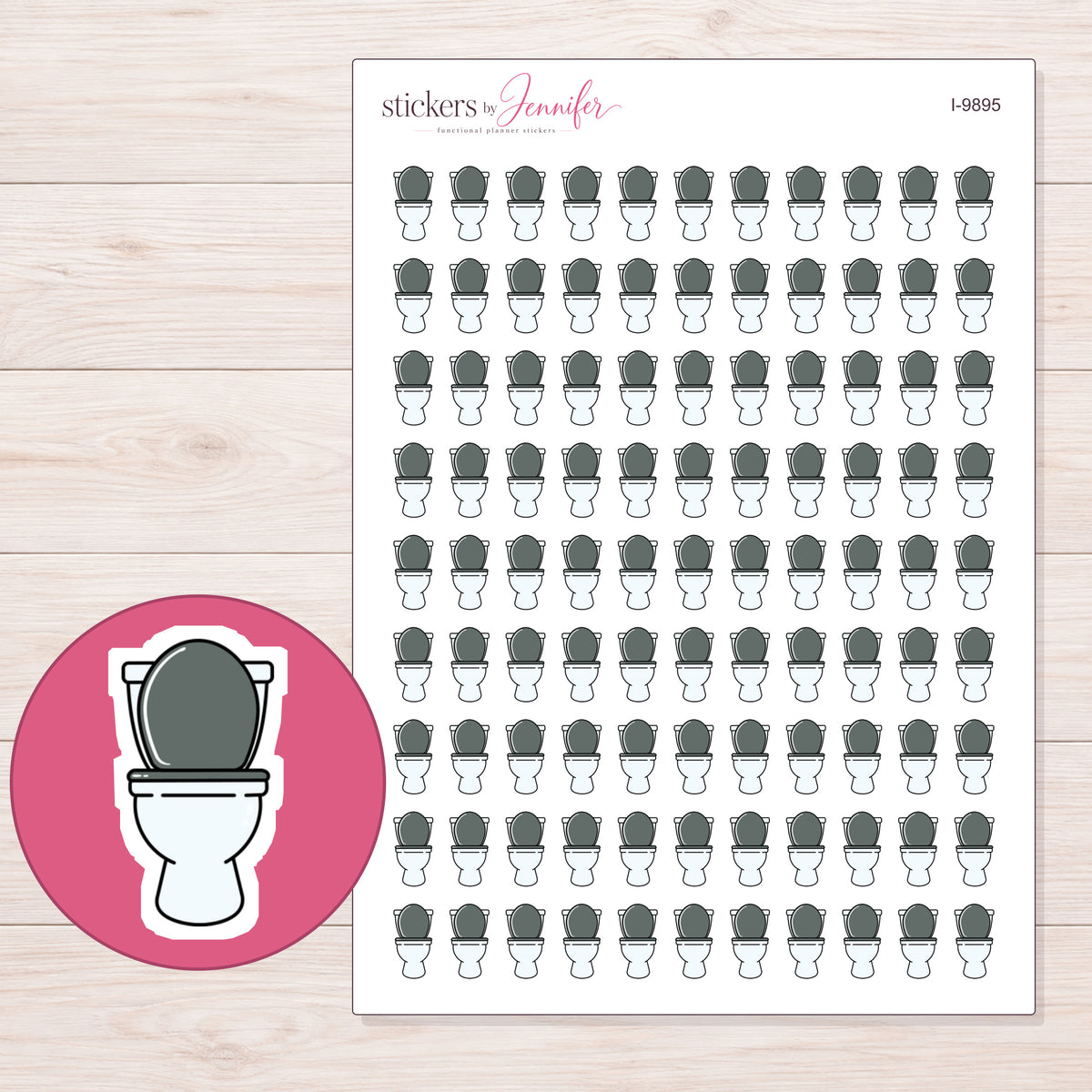 White Toilet with Gray Seat Planner Stickers | I-9895 — 5 × 7 inch sheet and enlarged sticker detail