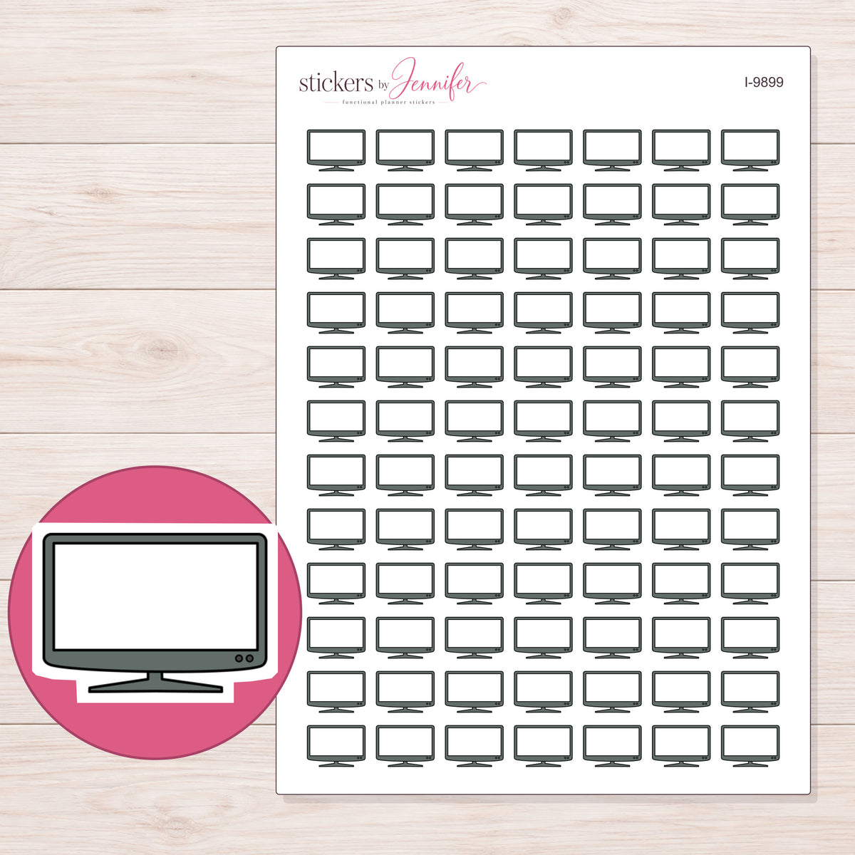 Gray Flat Screen Television Planner Stickers | I-9899 — 5 × 7 inch sheet and enlarged sticker detail