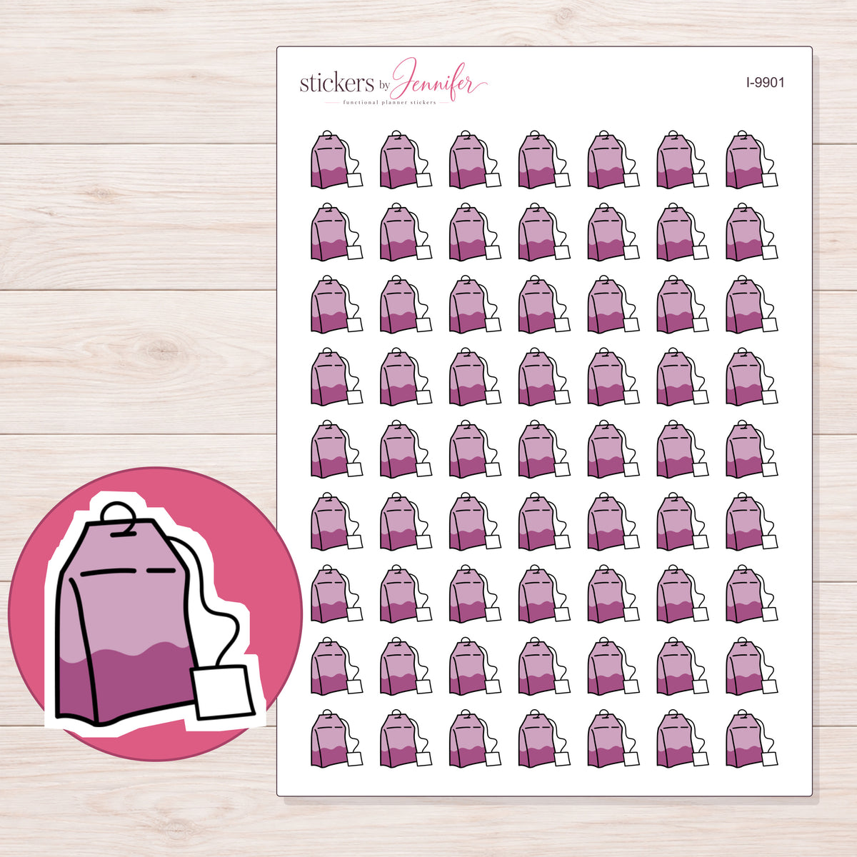 Pink Tea Bag Planner Stickers | I-9901 — 5 × 7 inch sheet and enlarged sticker detail