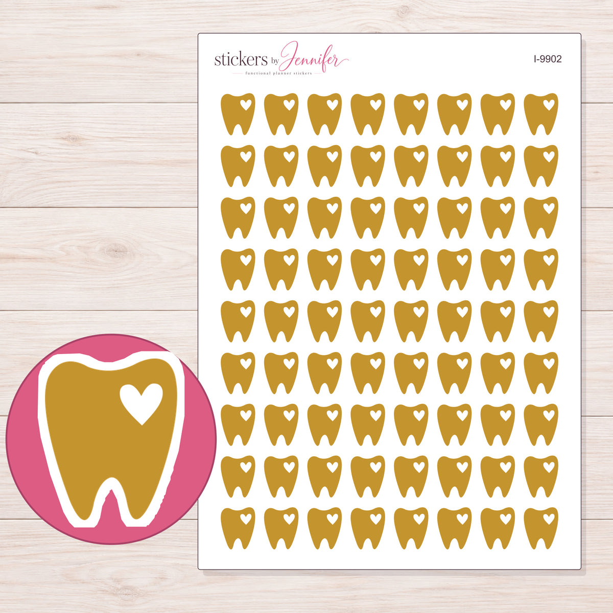 Gold Heart Tooth Planner Stickers | I-9902 — 5 × 7 inch sheet and enlarged sticker detail