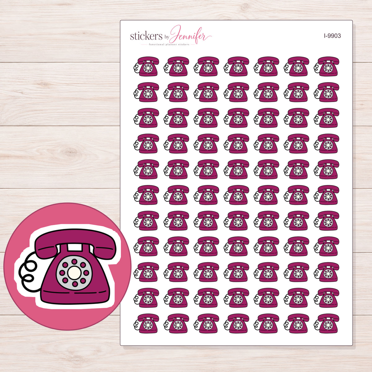 Magenta Rotary Telephone Planner Stickers | I-9903 — 5 × 7 inch sheet and enlarged sticker detail