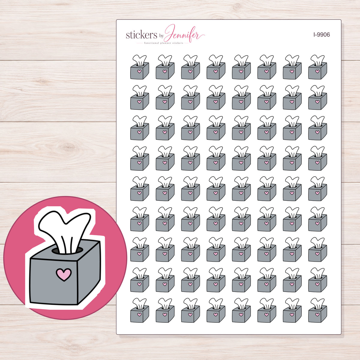 Gray Heart Tissue Box Planner Stickers | I-9906 — 5 × 7 inch sheet and enlarged sticker detail