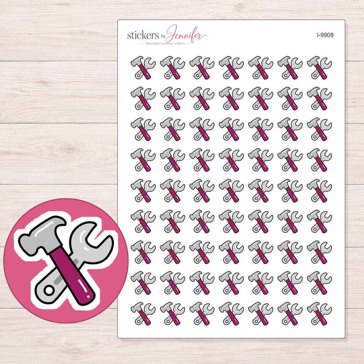 Magenta Hammer and Gray Wrench Planner Stickers | I-9908 — 5 × 7 inch sheet and enlarged sticker detail