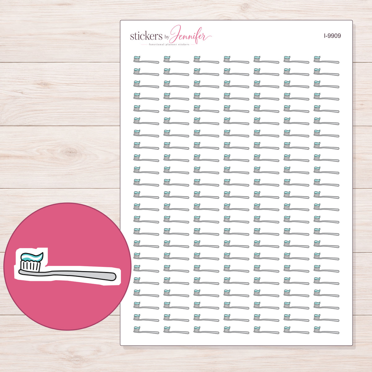 White Toothbrush with Toothpaste Planner Stickers | I-9909 — 5 × 7 inch sheet and enlarged sticker detail