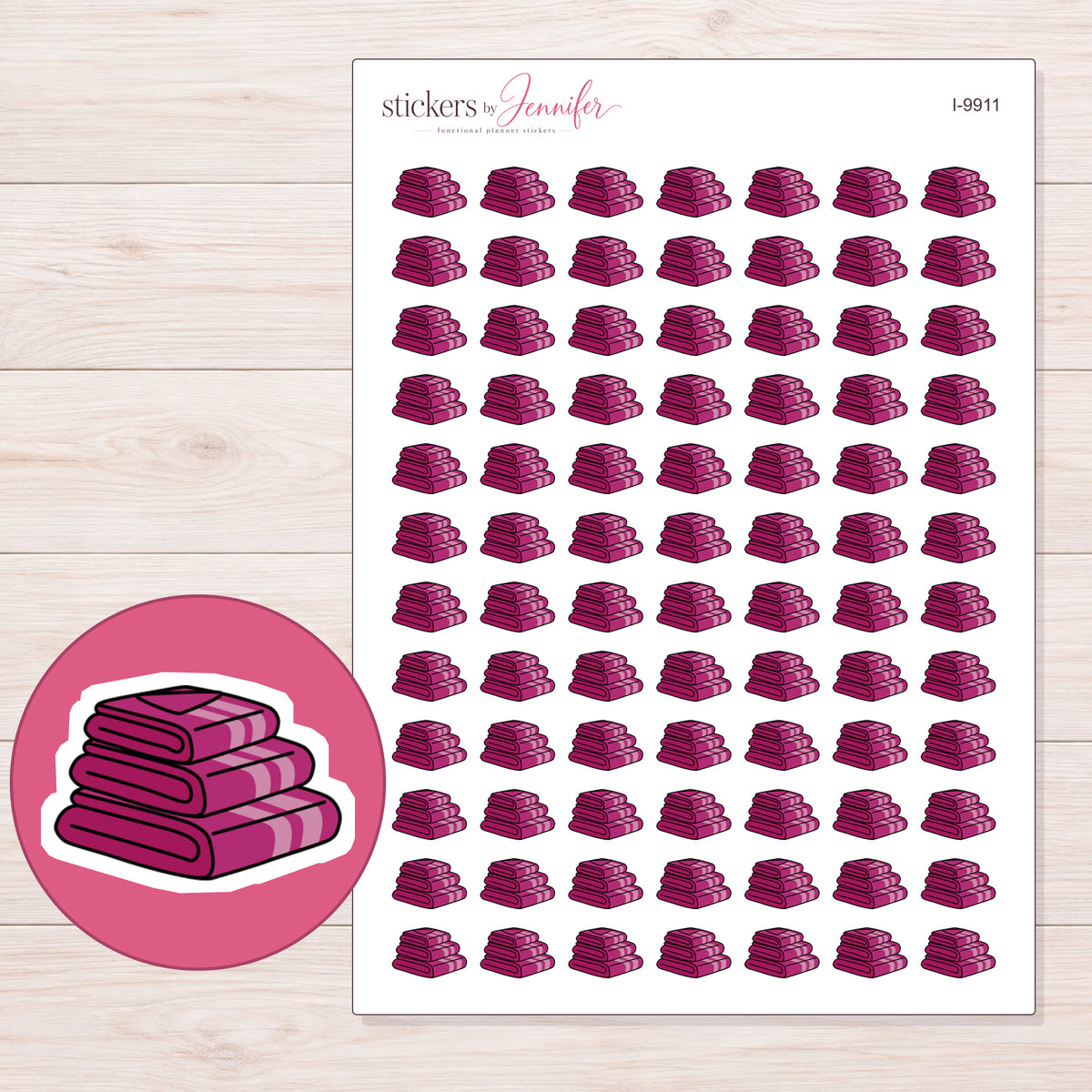 Magenta Towel Stack Planner Stickers | I-9911 — 5 × 7 inch sheet and enlarged sticker detail