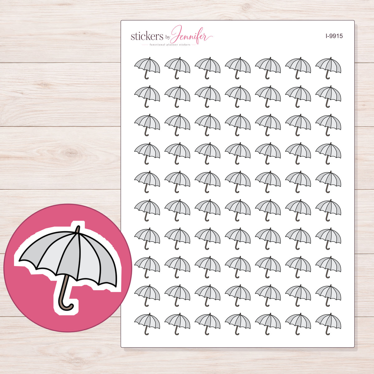 Light Gray Umbrella Planner Stickers | I-9915 — 5 × 7 inch sheet and enlarged sticker detail