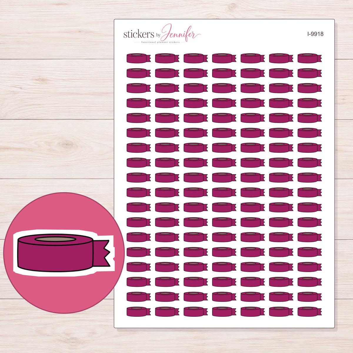 Magenta Washi Roll with Loose End Planner Stickers | I-9918 — 5 × 7 inch sheet and enlarged sticker detail