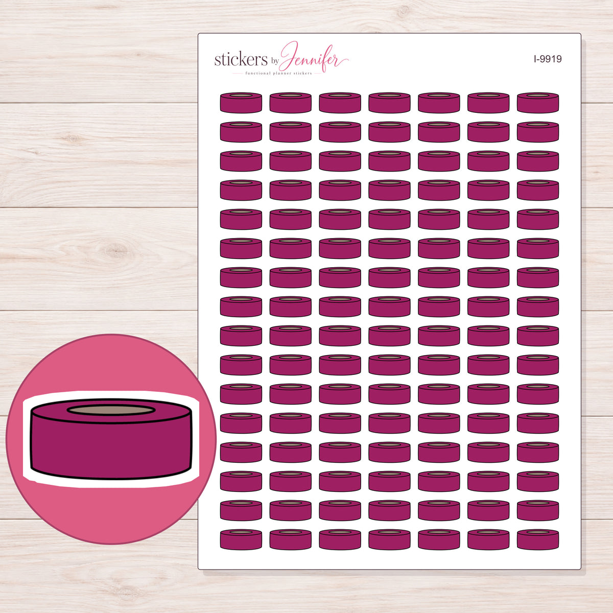 Magenta Washi Tape Roll Planner Stickers | I-9919 — 5 × 7 inch sheet and enlarged sticker detail
