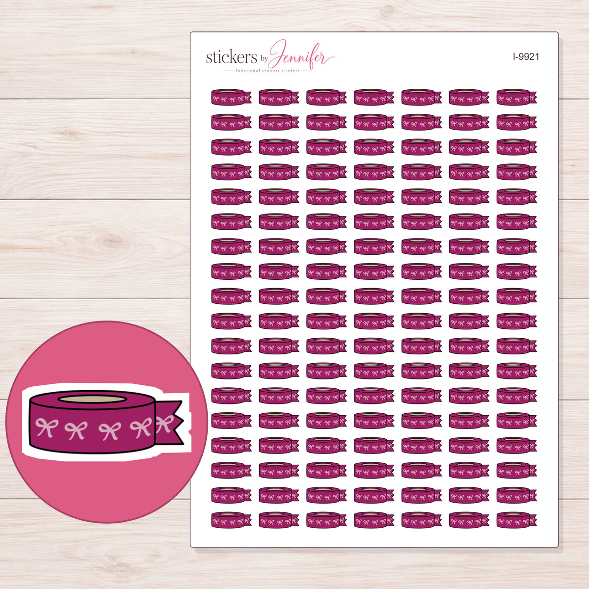 Magenta Bow Washi with Loose End Planner Stickers | I-9921 — 5 × 7 inch sheet and enlarged sticker detail