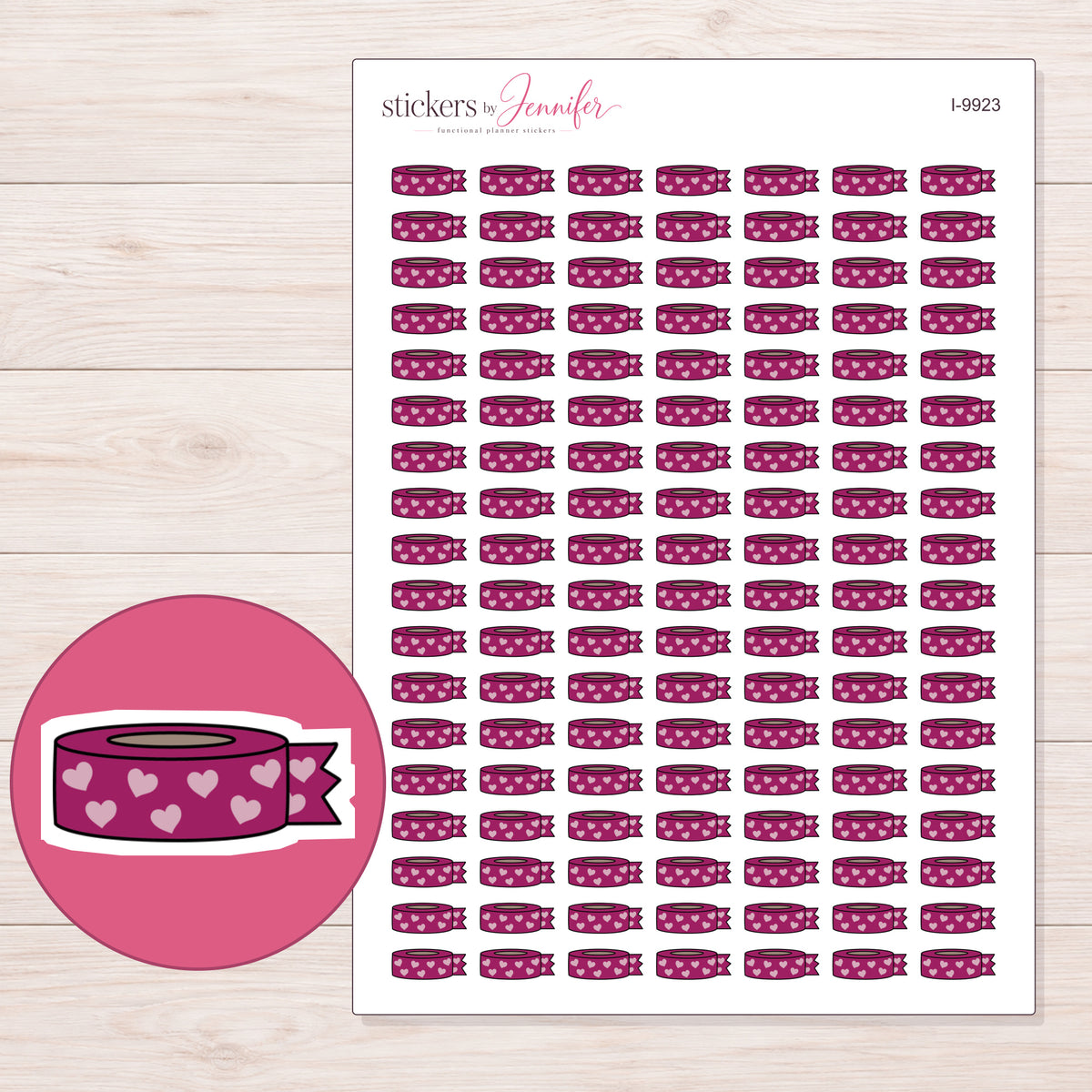 Magenta Heart Washi with Loose End Planner Stickers | I-9923 — 5 × 7 inch sheet and enlarged sticker detail
