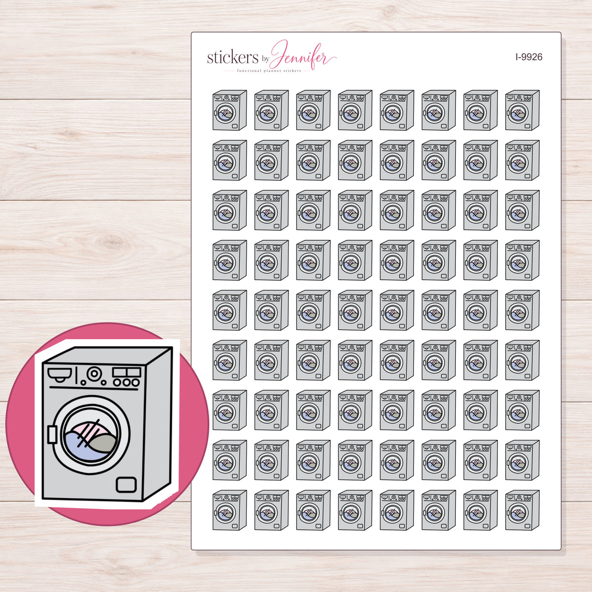 Gray Washing Machine Planner Stickers | I-9926 — 5 × 7 inch sheet and enlarged sticker detail