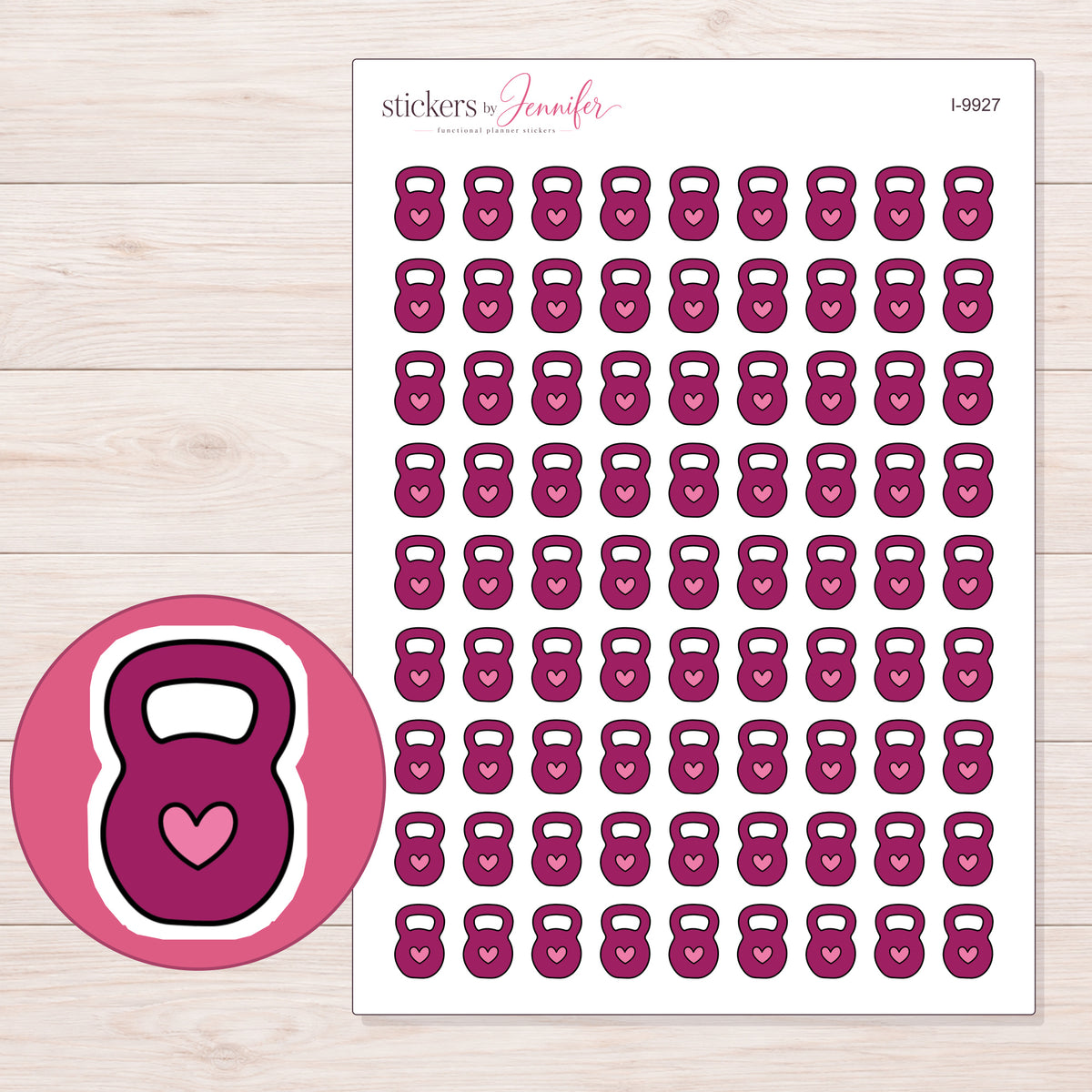 Magenta Heart Kettlebell Planner Stickers | I-9927 — 5 × 7 inch sheet and enlarged sticker detail