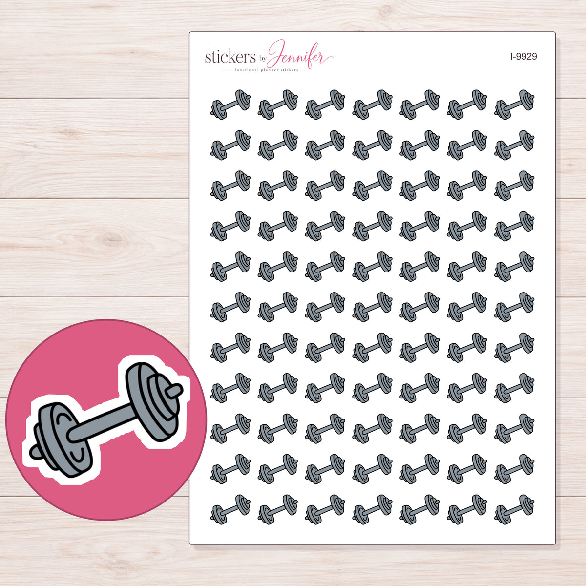Gray Dumbbell Planner Stickers | I-9929 — 5 × 7 inch sheet and enlarged sticker detail